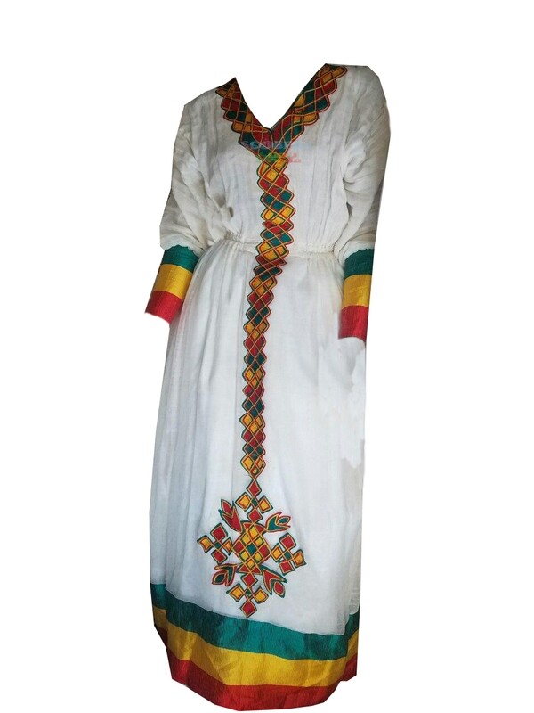 የኢትዮጵያ ባንዲራ ያለበት ረዘም ያለ የሀበሻ ቀሚስ  Ethiopian Traditional Long Dress