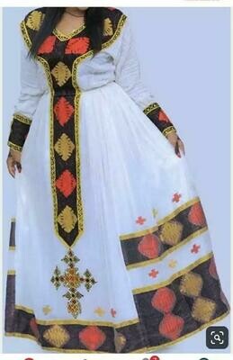 በእጅ የተጠለፈ ረዘም ያለ የሀበሻ ቀሚስ  Ethiopian Traditional Long Dress