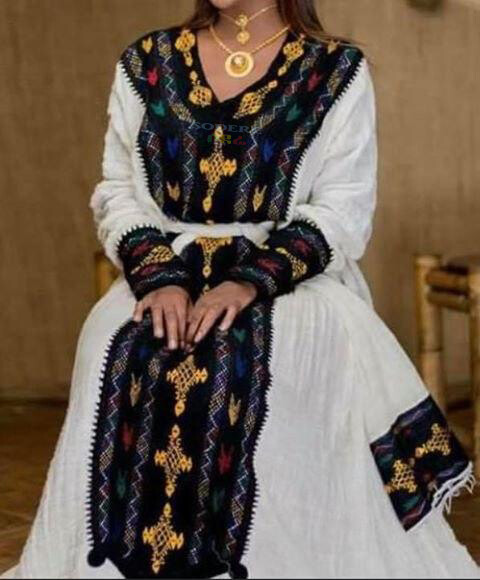 በእጅ የተጠለፈ ረዘም ያለ የሀበሻ ቀሚስ Ethiopian Traditional Long Dress