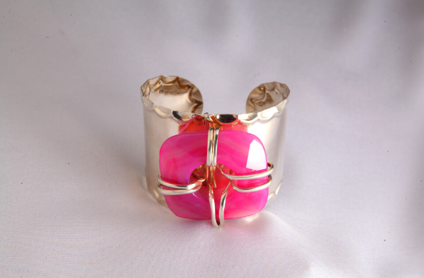 Silver Fuschia Agate Cuff Bracelet