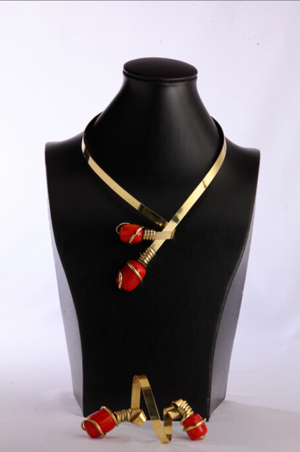 Bronze And Red Harar Amber Stone Necklace Bracelet Set