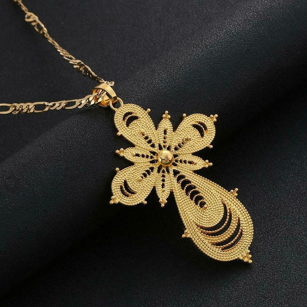 Ethiopian Gold Color Cross Pendant Necklaces for Women Africa Ethnic Trendy Chain Jewelry