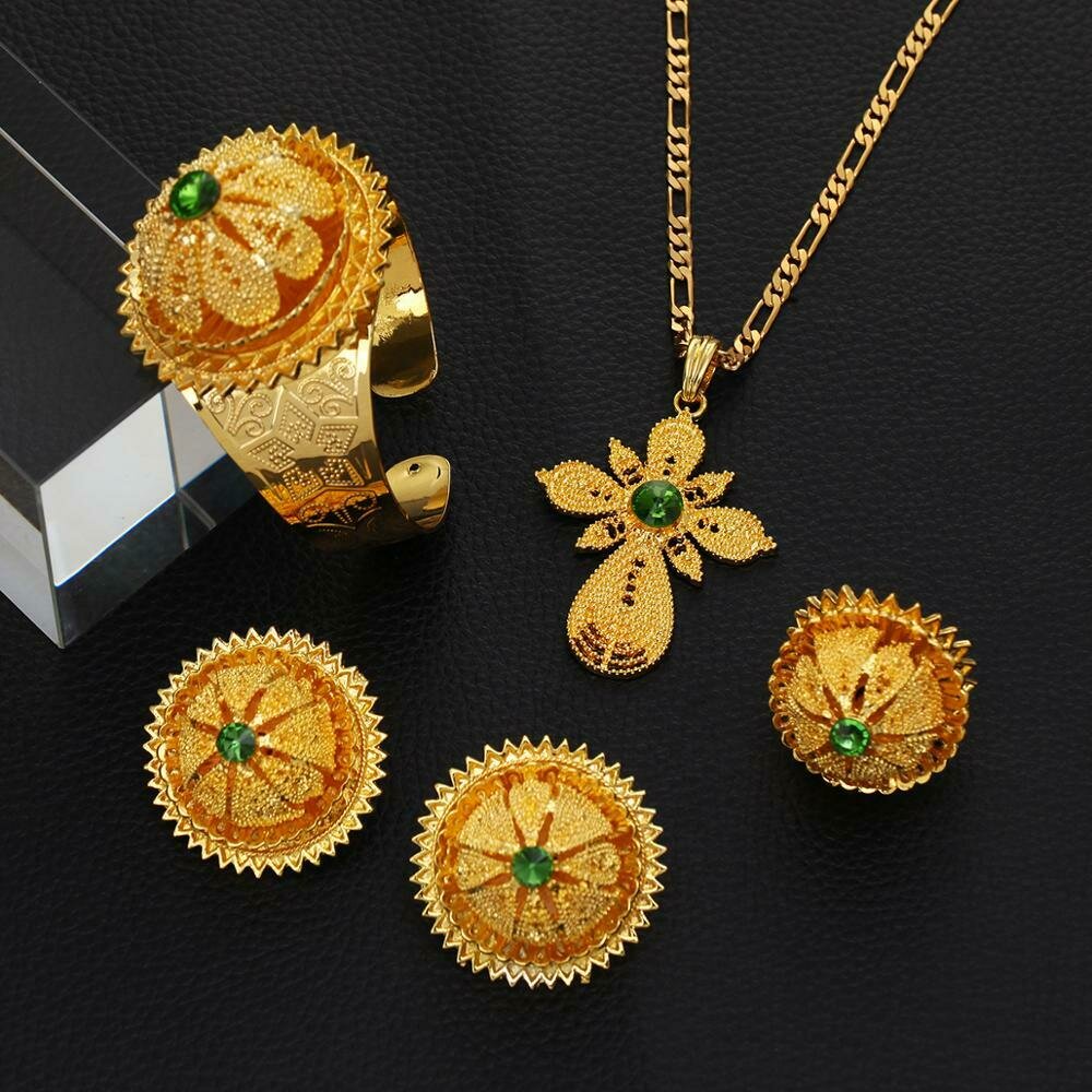 Wedding-Jewelry-Set Habesha Green-Stone Gold-Color Bride Blue Women Red
