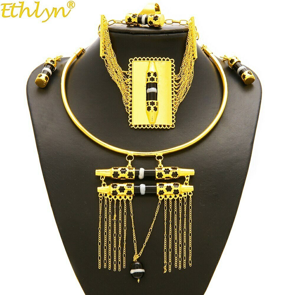 Gold-Color Jewelry-Sets Habesha Ethlyn Enamel-Tassel Nigerian/african-Design Wedding