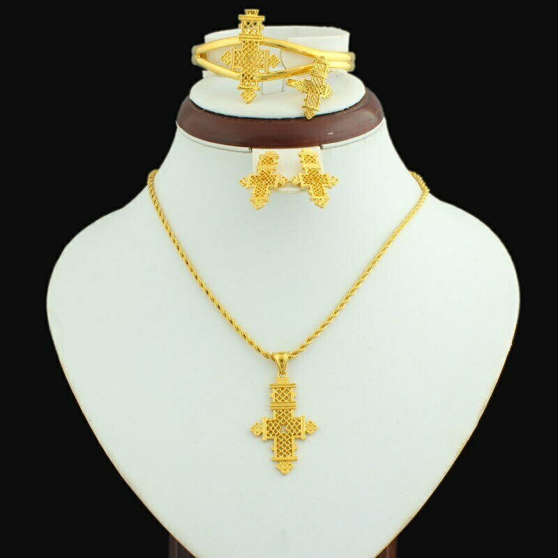 Cross-Pendant Ethiopian Jewelry 24k-Gold-Color African Bangle/ring-Set Wedding Women