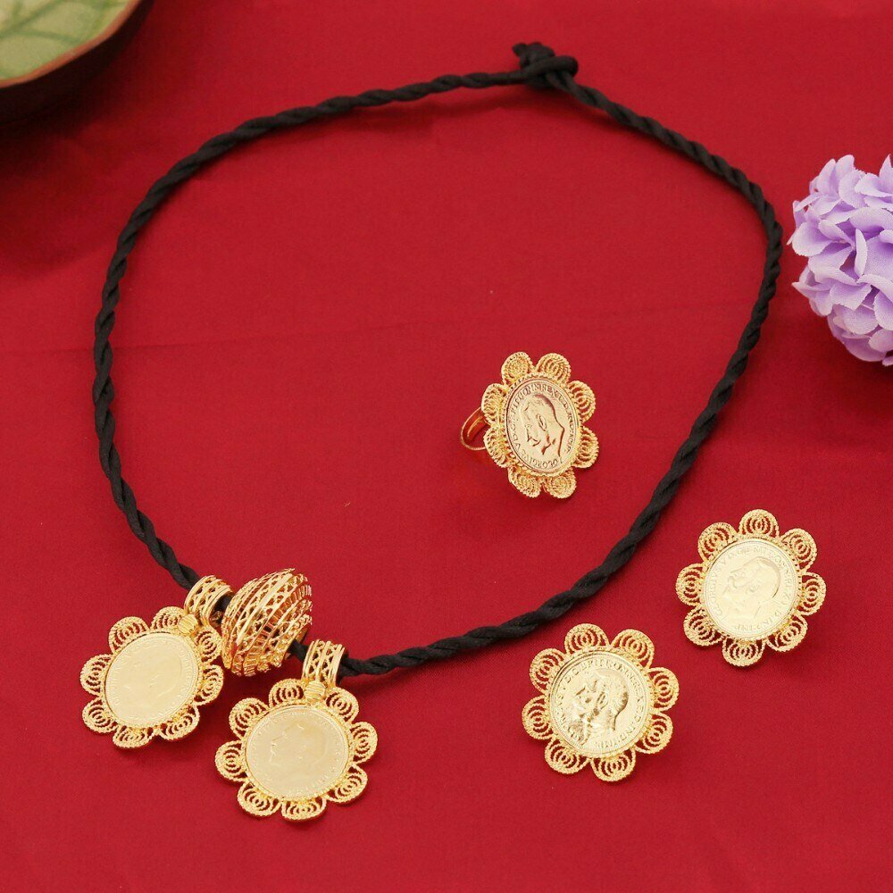 Bride Jewelry Ethiopian Habesha Eritrea African Wedding Gold-Color Big-Coin 22k