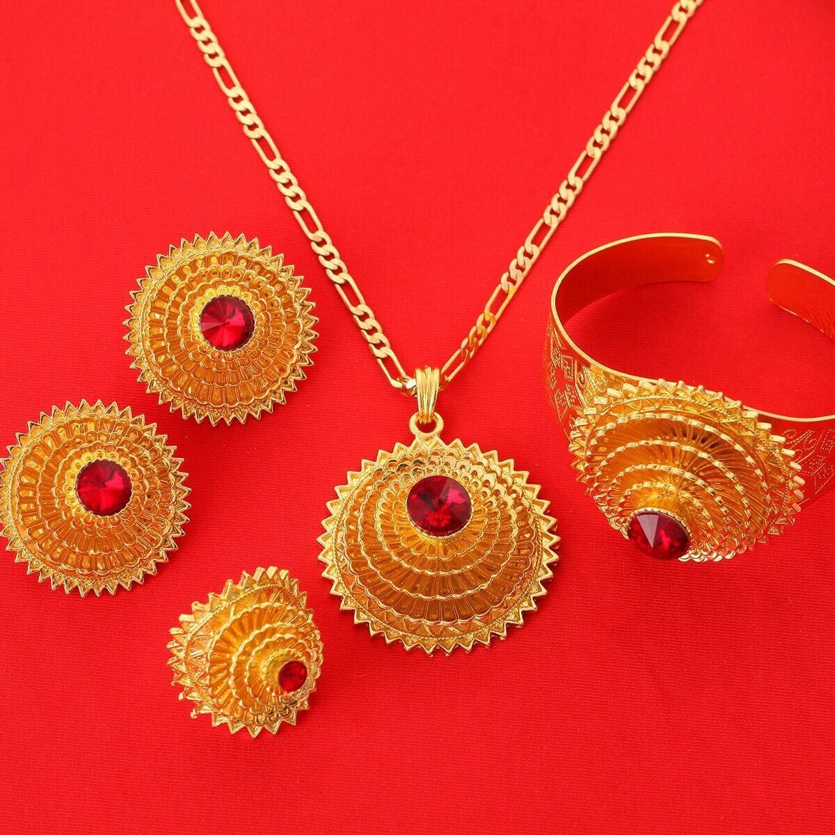 Jewelry-Sets Ethiopian African-Eritrean Color-Stone Romantical Gold-Color Blue Green