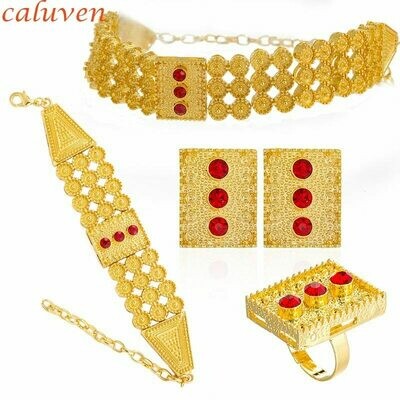 Jewelry-Sets Ethiopian Wedding-Eritrean African Chokers Ring/bracelet Colored-Stone Gold-Color