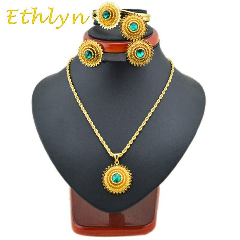 Pendant-Rings Habesha Bracelets Stone Ethlyn Gold-Color African