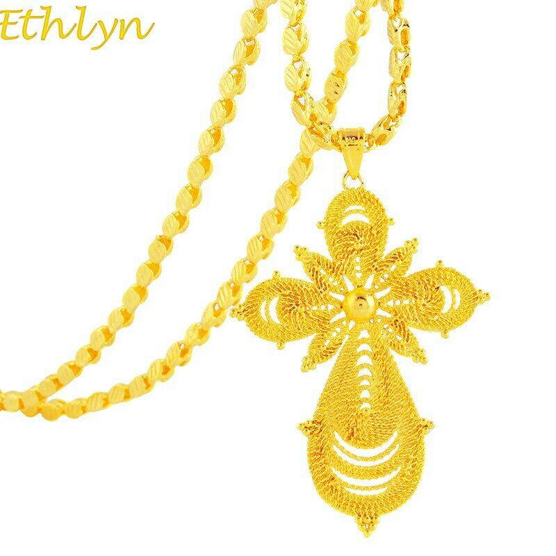 Necklaces Eritrea-Items Ethiopian Cross-Pendant Ethlyn Gold-Color Women/men for P96 Big