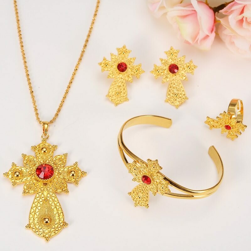 Cross-Jewelry-Set Habesha Ethiopian Wedding-Gifts Gold-Color Ring/bangle Rhinestone Africa