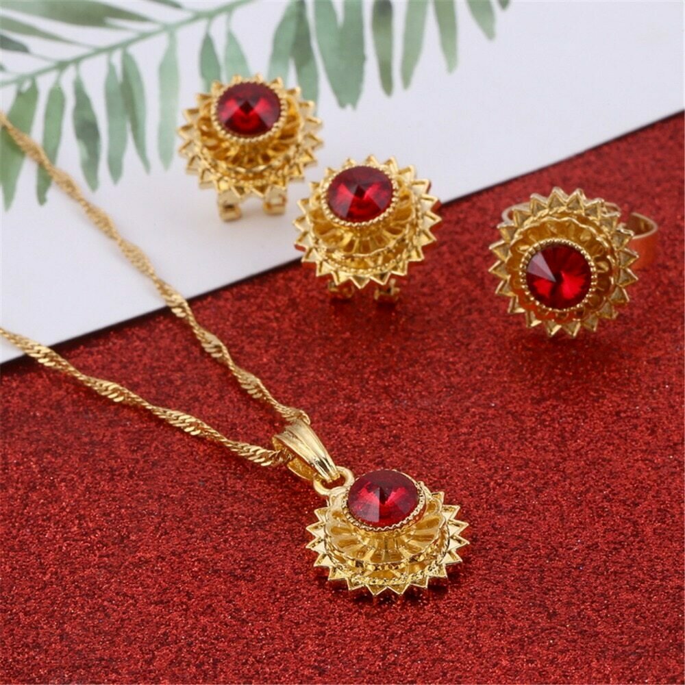 Jewelry-Set Pendant Earrings Crystal Necklace Habesha Ethiopian Ring-Middle Gold-Color