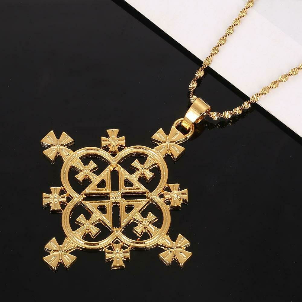 Trendy Cross Pendants Necklace Women Gold Color Cross Ethiopian Habesha Chain Jewelry