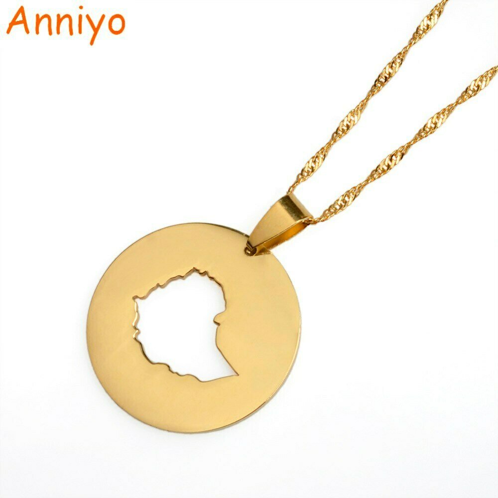 Anniyo Gold Color Round Ethiopia Map Necklaces for Women Charm Pendant Ethiopian Jewelry