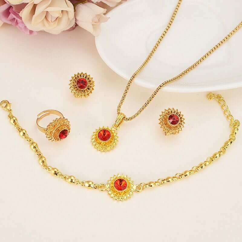 Jewelry-Sets Habesha Ethiopia Eritrea Earrings/bangle Gold-Stone Africa Wedding Red New
