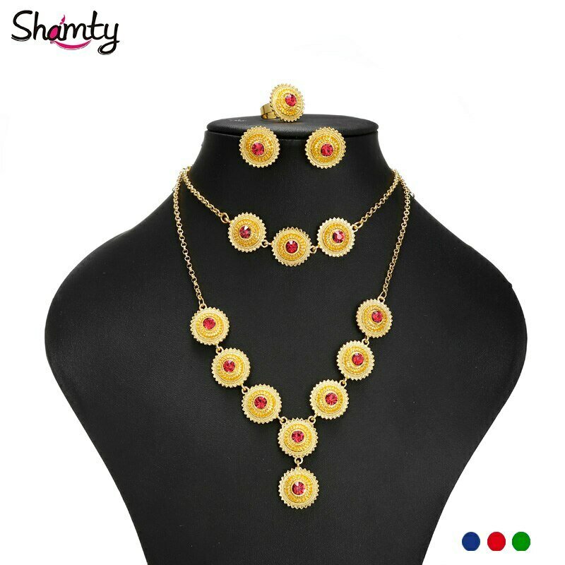 Gold-Sets Ethiopian Bridal-Jewelry Habesha-Style Green-Stone Blue Woman African Trendy