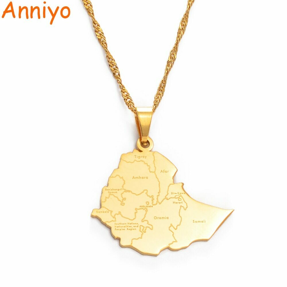Anniyo Ethiopia Map Cities Pendant Necklaces for Women Men Gold Color Ethiopian Maps