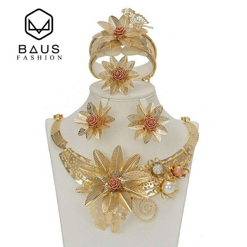 Suit Jewelry-Set Bridal-Accessories Flower-Type Ethiopian Gold Dubai African Beads Nigerian