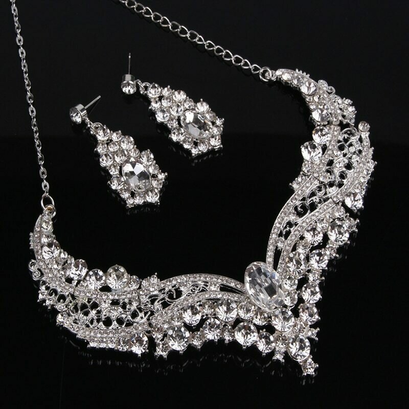 Jewelry-Set Earrings Drop-Necklace Wedding-Party-Crystal Rhinestone