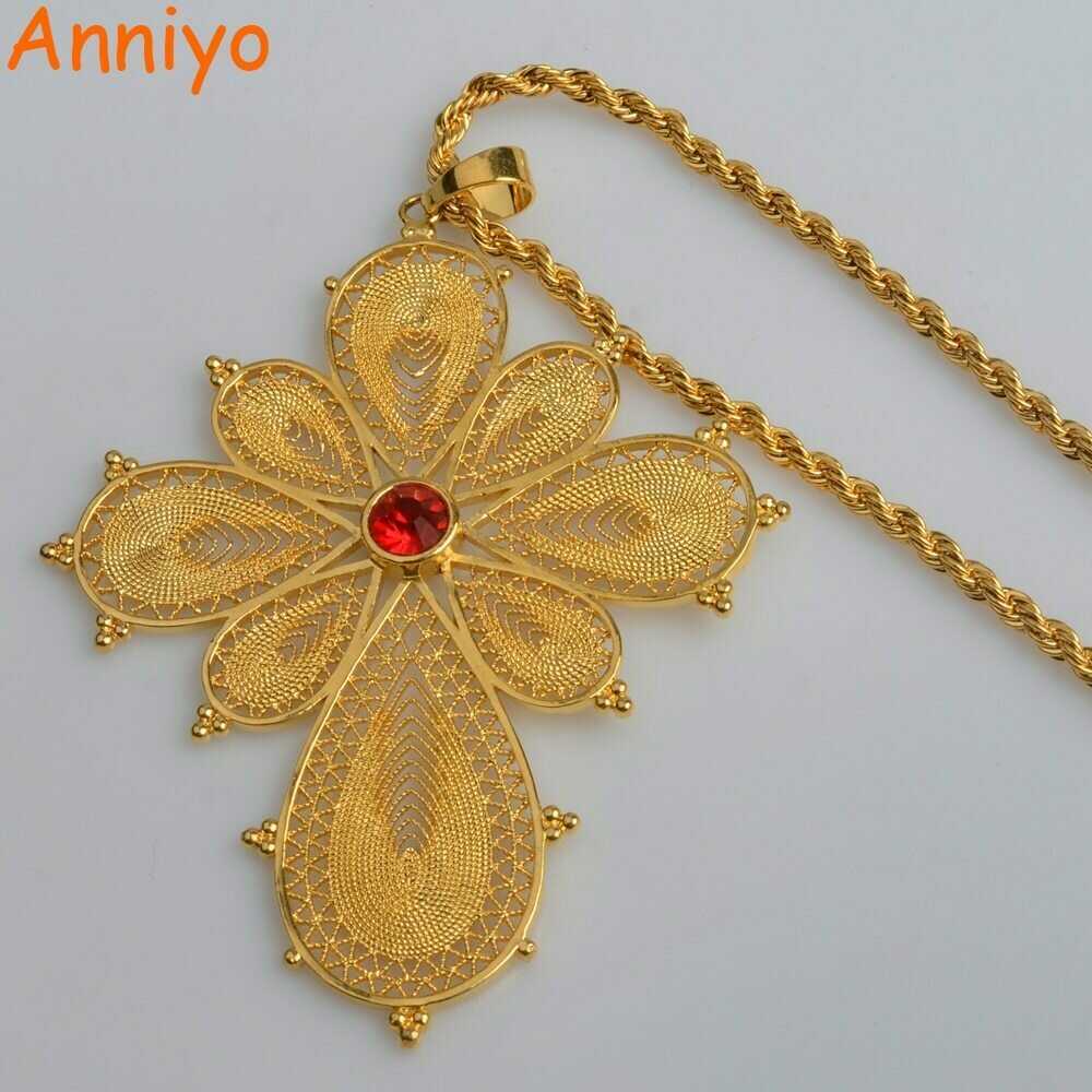 Anniyo Ethiopian Big Cross Pendant Necklaces for Women Gold Color &amp; Copper Eritrea Jewelry