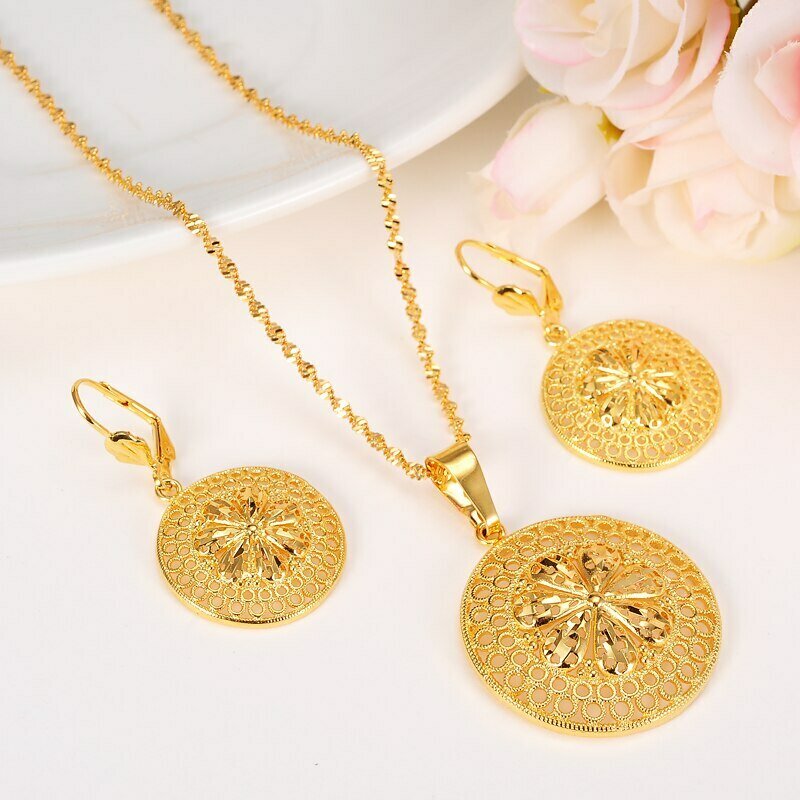 Pendant Necklace Earring Jewelry-Set Ethiopian 24-K Gold-Finish Yellow Fashion Fine Circle-Design