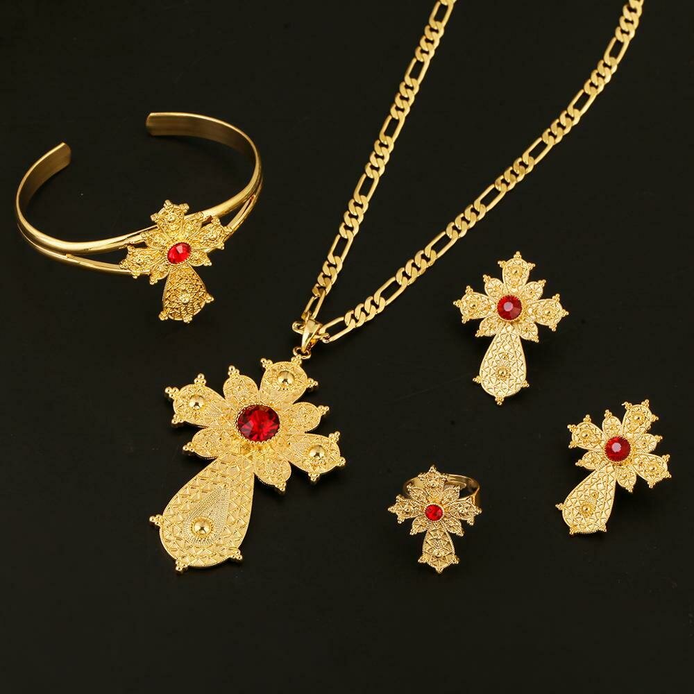 Ethiopian Gold Color Cross Jewelry Africa Dubai Bridal Wedding Jewelry Sets