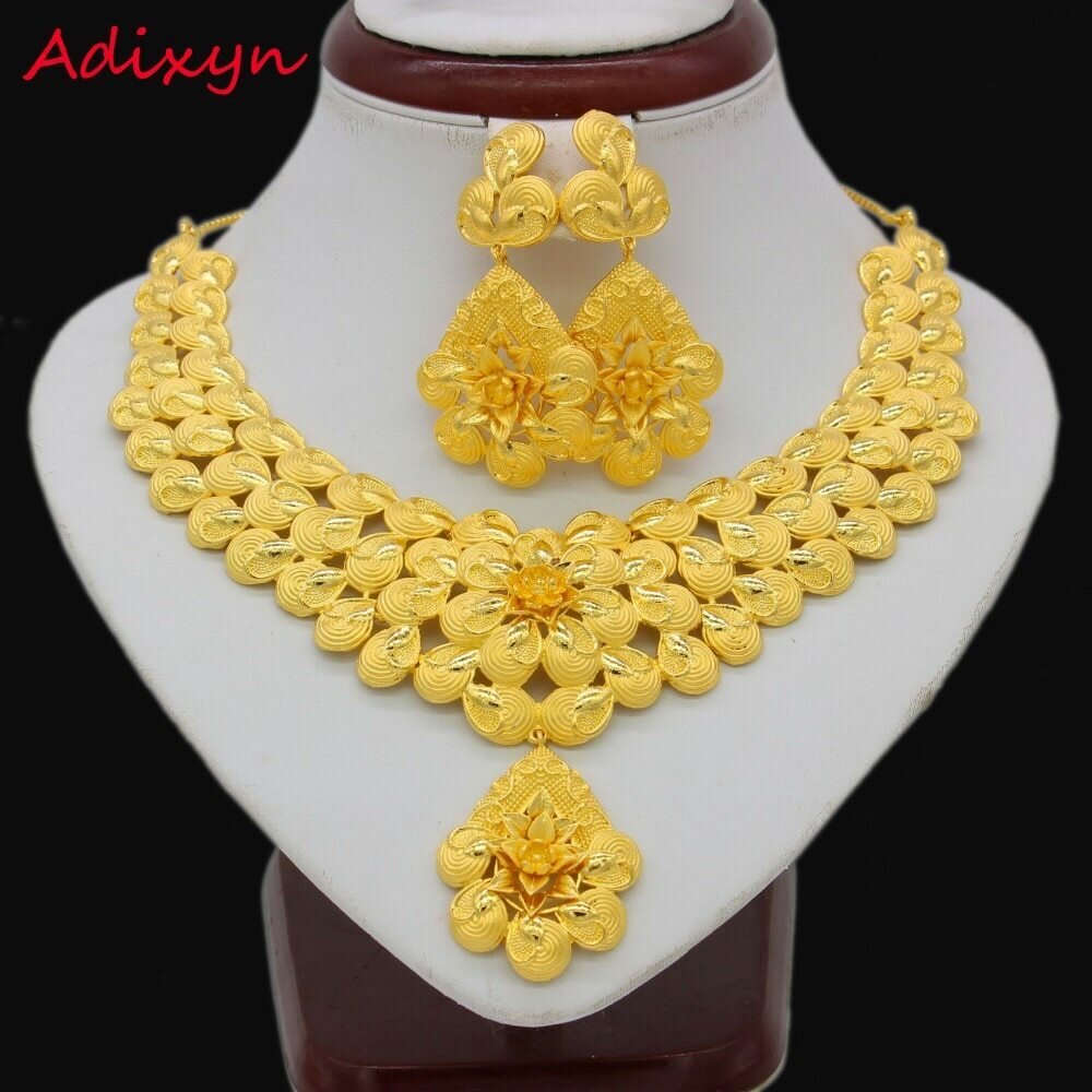 Jewelry Women Earrings-Set Necklace Gold Ethiopian/african Wedding-Accessories Flowers