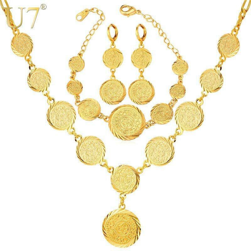 Jewelry-Set Bracelet Earrings Dubai Gold-Color Antique Women African U7 for Ethiopian