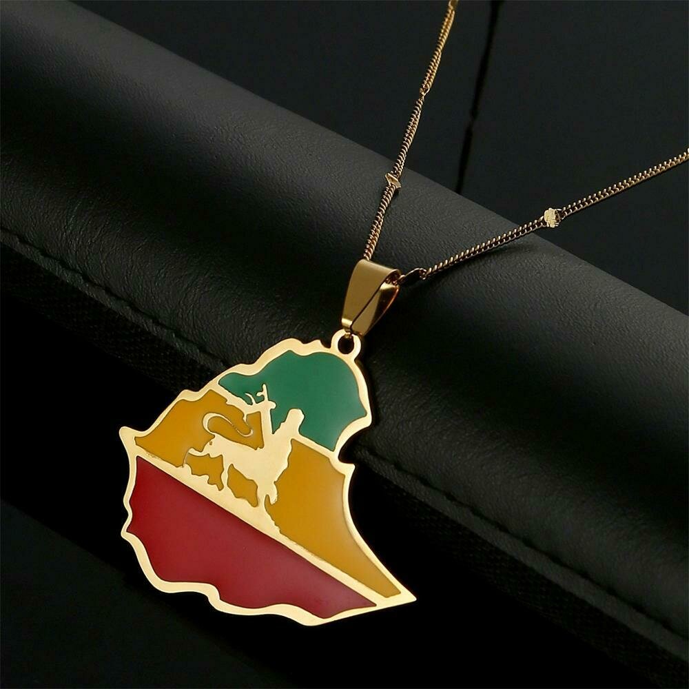 Necklaces Ethiopian Jewelry Pendant Stainless-Steel Gold-Color Men Women Flag Maps Lion-Map