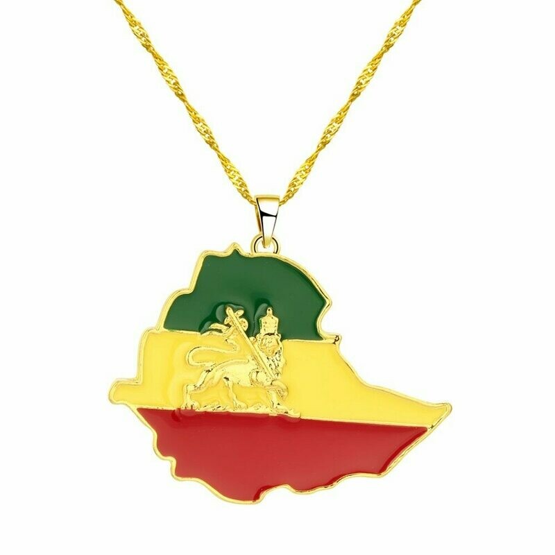 CHENGXUN Ethiopian Flag &amp; Lion Map Pendant Necklace for Women Men Gold Color Jewelry