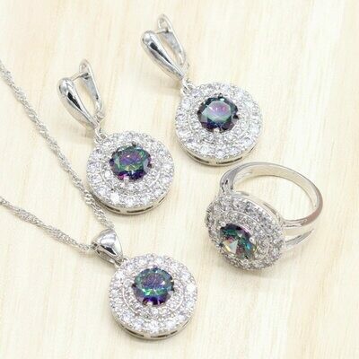 Pendant Necklace Earrings Costume Ethiopian Gifts Jewelry-Sets Stones Rainbow Silver-Color