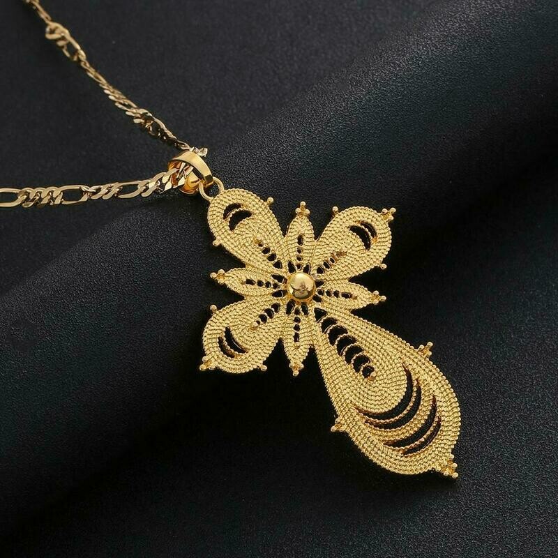 Ethiopian Gold Color Cross Pendant Necklaces for Women Africa Ethnic Trendy Chain Jewelry