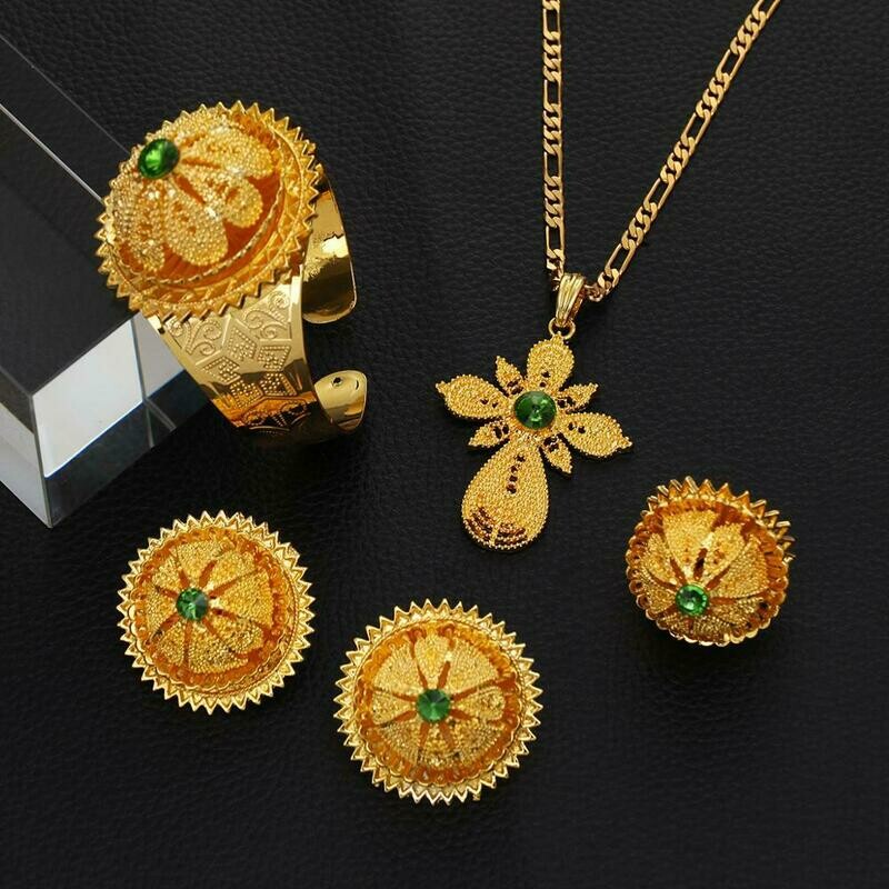 Wedding-Jewelry-Set Habesha Green-Stone Gold-Color Bride Blue Women Red