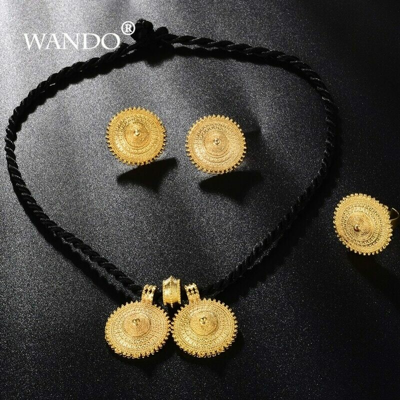 Jewelry-Set Big-Pendant-Earrings Ethiopian Eritrean WANDO France Wedding-Gift Gold-Color