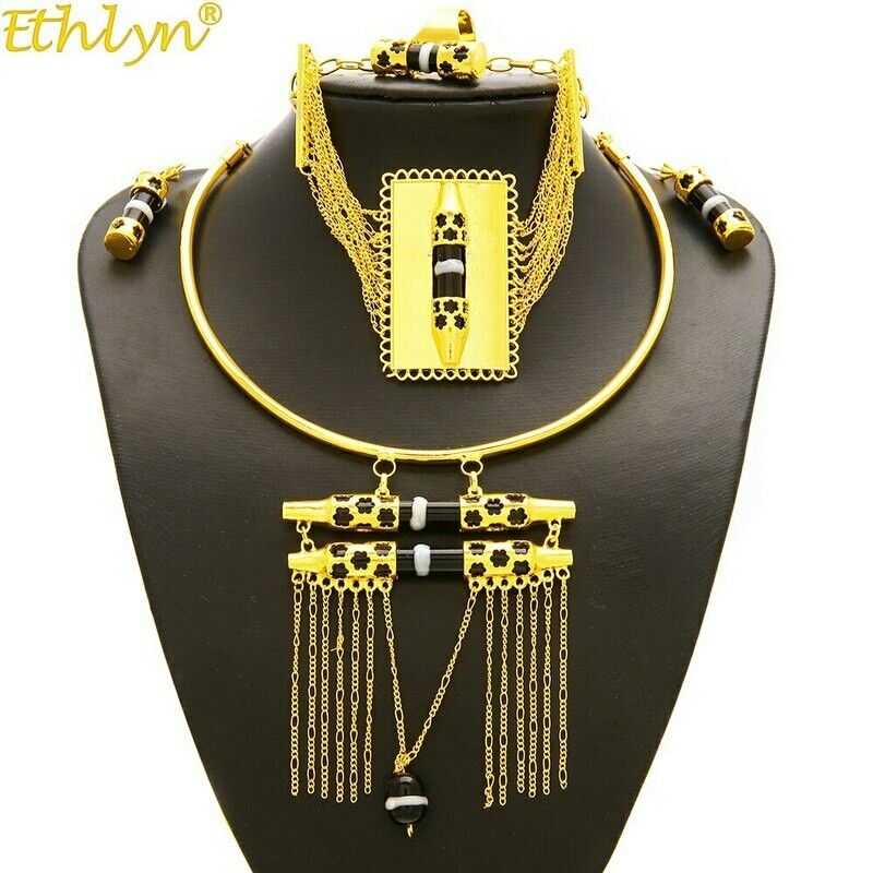 Gold-Color Jewelry-Sets Habesha Ethlyn Enamel-Tassel Nigerian/african-Design Wedding