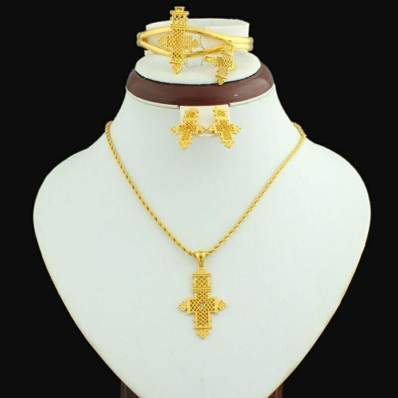Cross-Pendant Ethiopian Jewelry 24k-Gold-Color African Bangle/ring-Set Wedding Women