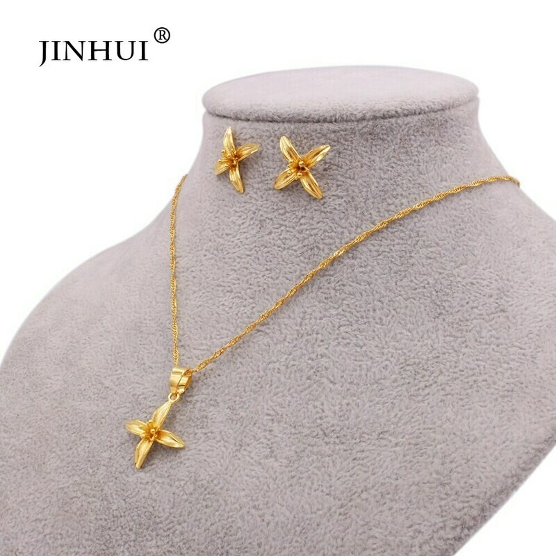 Pendant Necklace Jewelry-Sets Earrings Wife-Gifts Dubai Wedding-Gold African Women Flowers