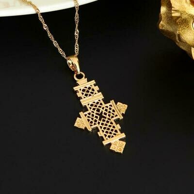 24K Gold Color Cross Pendant Necklace Ethiopian Women Chain Jewelry