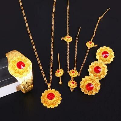 Jewelry-Sets 24k-Gold-Color Stone Women with Hair-Pcs for Red