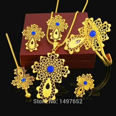 Cross-Set Ethiopian 24k-Gold-Color African Bridal-Wedding-Set Earring/ring/Hairpin Latest