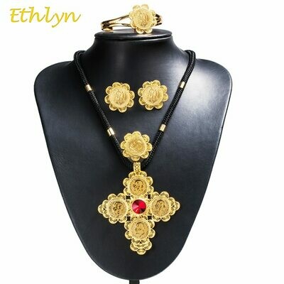 Jewelry-Sets Ethiopian Cross-Coins Chain-Stone Romantic Ethlyn Bridal Gold-Color African