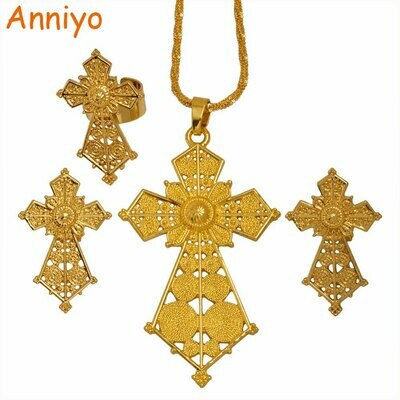 Cross-Jewelry-Set Habesha Ethiopian Earrings/ring African Anniyo Wedding-Gifts Gold-Color