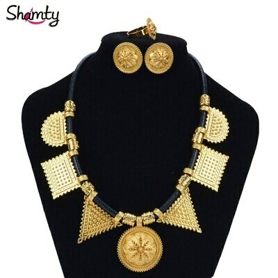 Rope Jewelry-Sets Ethiopian Shamty Eritrean Necklace Earrings Ring-A30039 Gold-Color