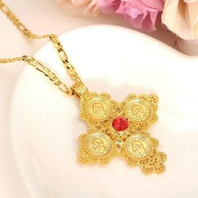 Crystal Pendant Ethiopian Cross-Eritrea Necklaces Jewelry Coin Cz-Stone Gold-Color Women