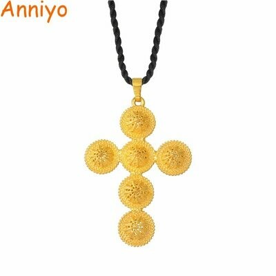 Annio Ethiopian Cross Big Cross Pendant &amp; Black Rope For Women Men Gold Color African