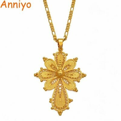 Anniyo Ethiopian Cross Pendant Chain Necklaces for Women Girls.Gold Color Eritrea Jewelry