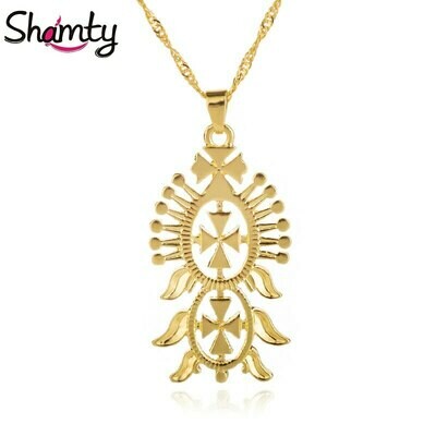 Pendant Necklace Ethiopian-Style Shamty Coptic Jewelry Chain-Filled GIFT Gold-Color Cross-Abyssinia