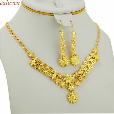 Ethiopian Jewelry-Sets Women/girls Flowers Gifts Necklace/earring Gold-Color Arab/african