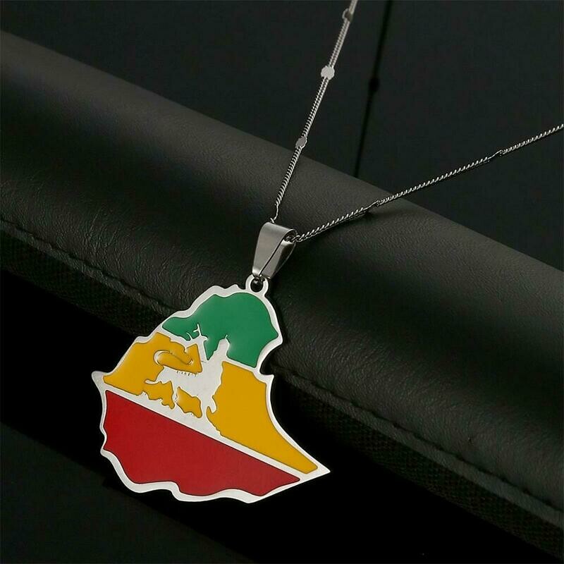 Pendant Necklace Jewelry Ethiopian Stainless-Steel Men Women Flag Lion-Map