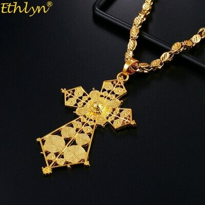 Necklaces Ethiopian Eritrean Jewelry-Accessories Cross-Pendant Ethlyn Traditional Gold-Color